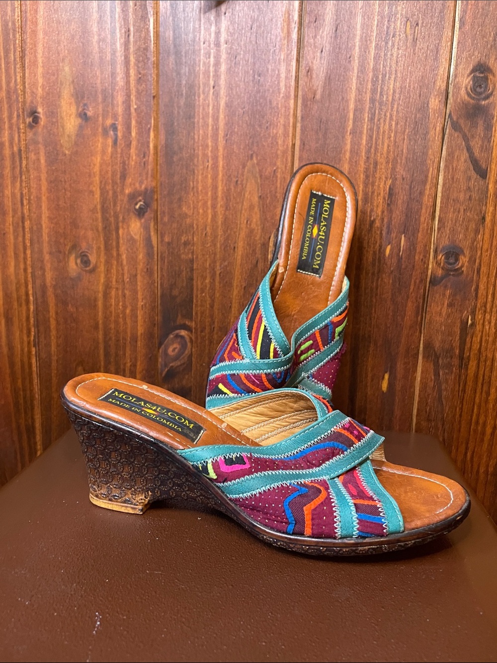 Molas4u  Multicolor Embroidered Wedge Sandals — Teal & Burgundy - Sz40/9